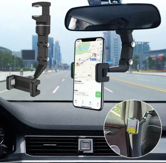 Suporte Veicular 360° para Celular – Rotação Total e Fixação Segura no Retrovisor
