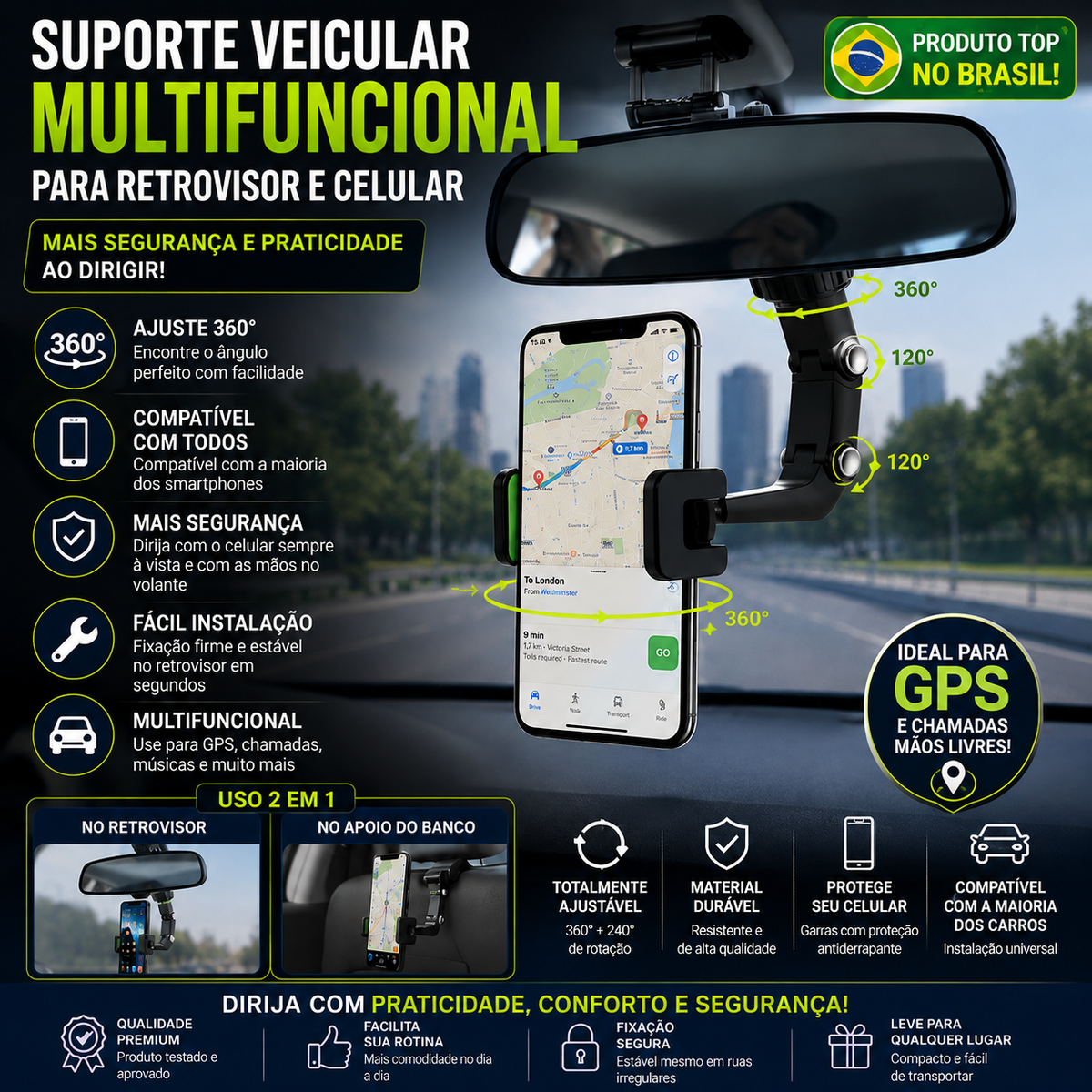 Suporte Veicular 360° para Celular – Rotação Total e Fixação Segura no Retrovisor
