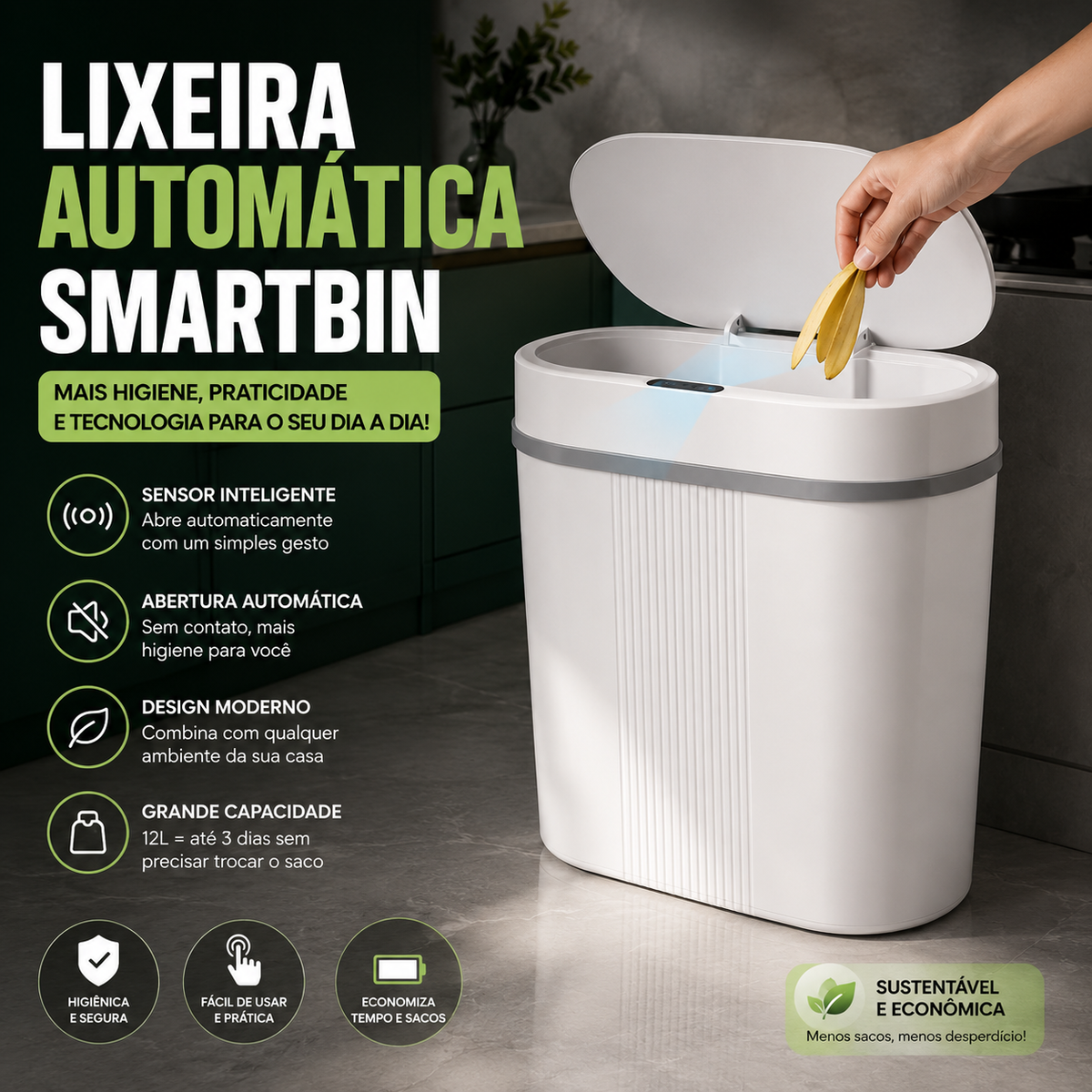 Lixeira Automática SmartBin™ – Sensor Inteligente Sem Toque