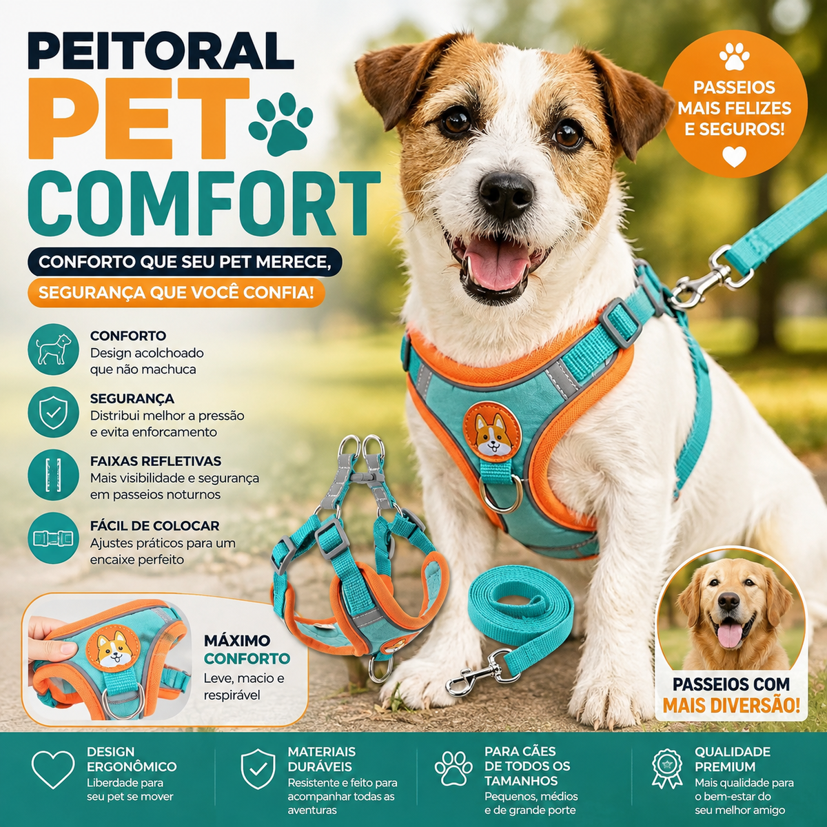 Peitoral Pet Comfort™ para Cães e Gatos – Ajustável com Guia