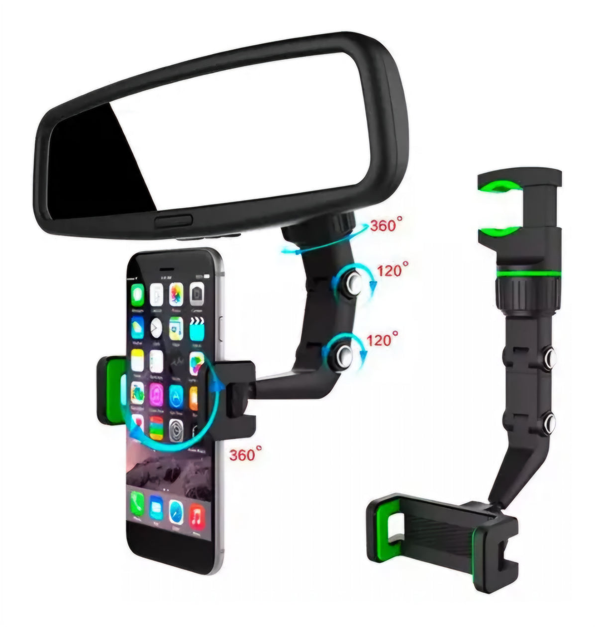 Suporte Veicular 360° para Celular – Rotação Total e Fixação Segura no Retrovisor