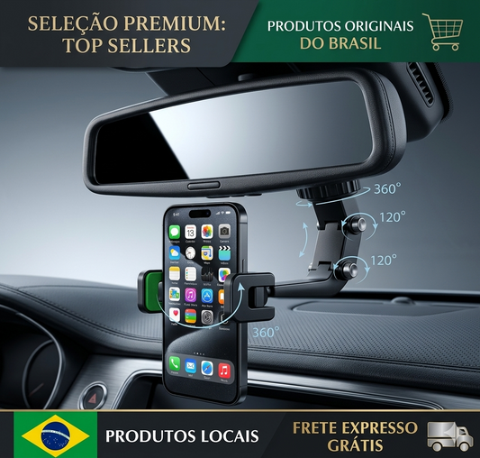 Suporte Veicular 360° para Celular – Rotação Total e Fixação Segura no Retrovisor